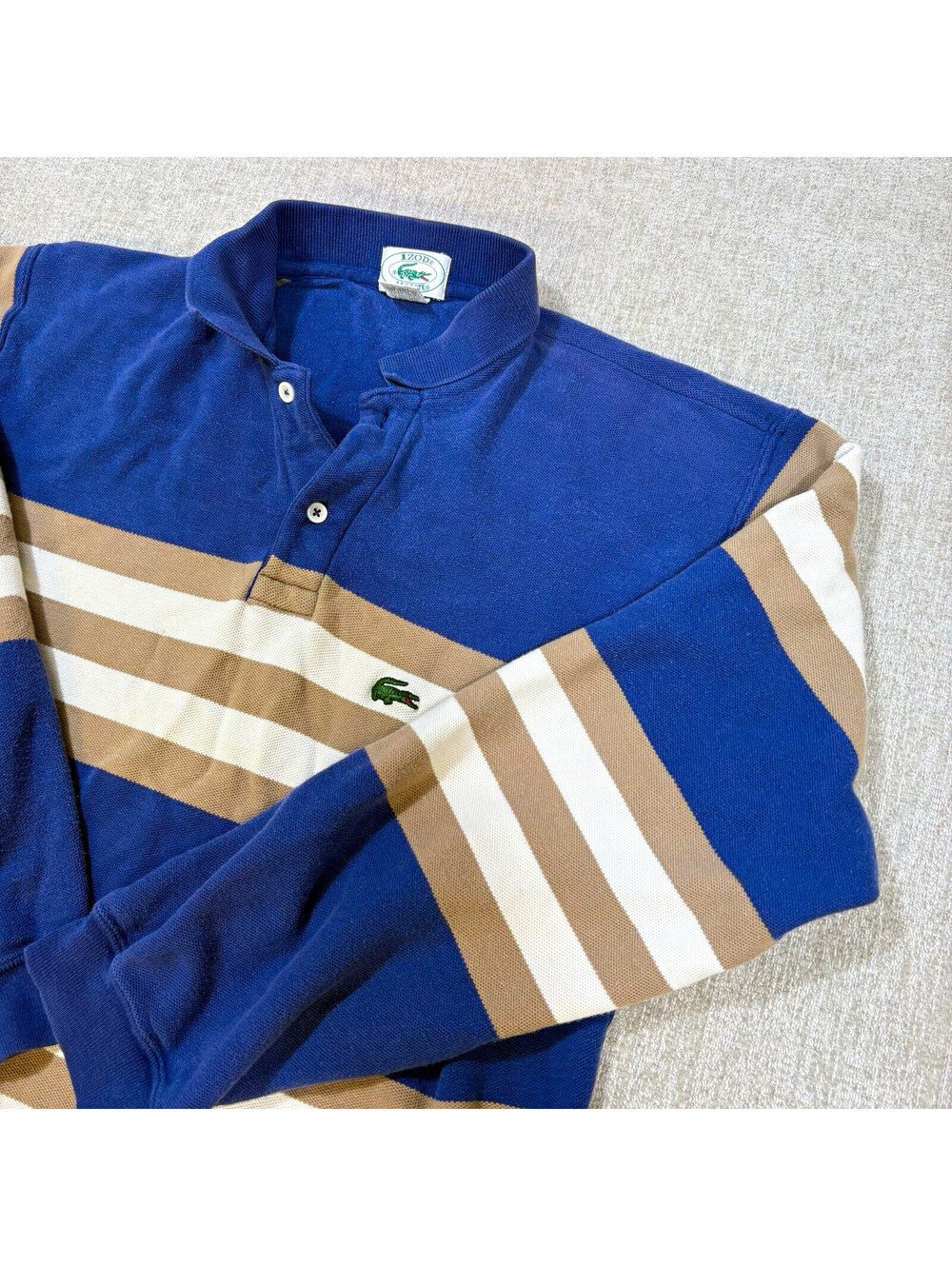 Vintage IZOD Lacoste Polo Mens M Long Sleeve Blue Tan White Chevron Stripe 80s
